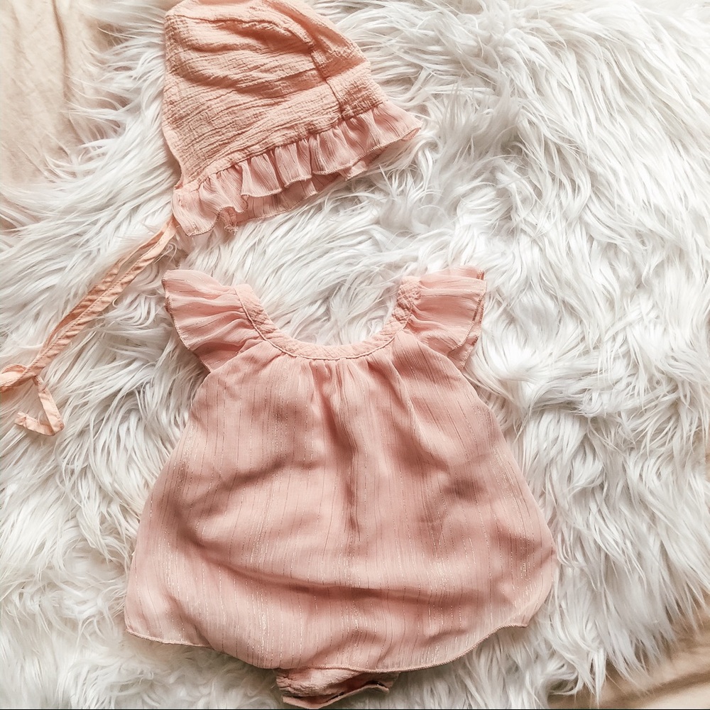 Light pink romper with matching bonnet